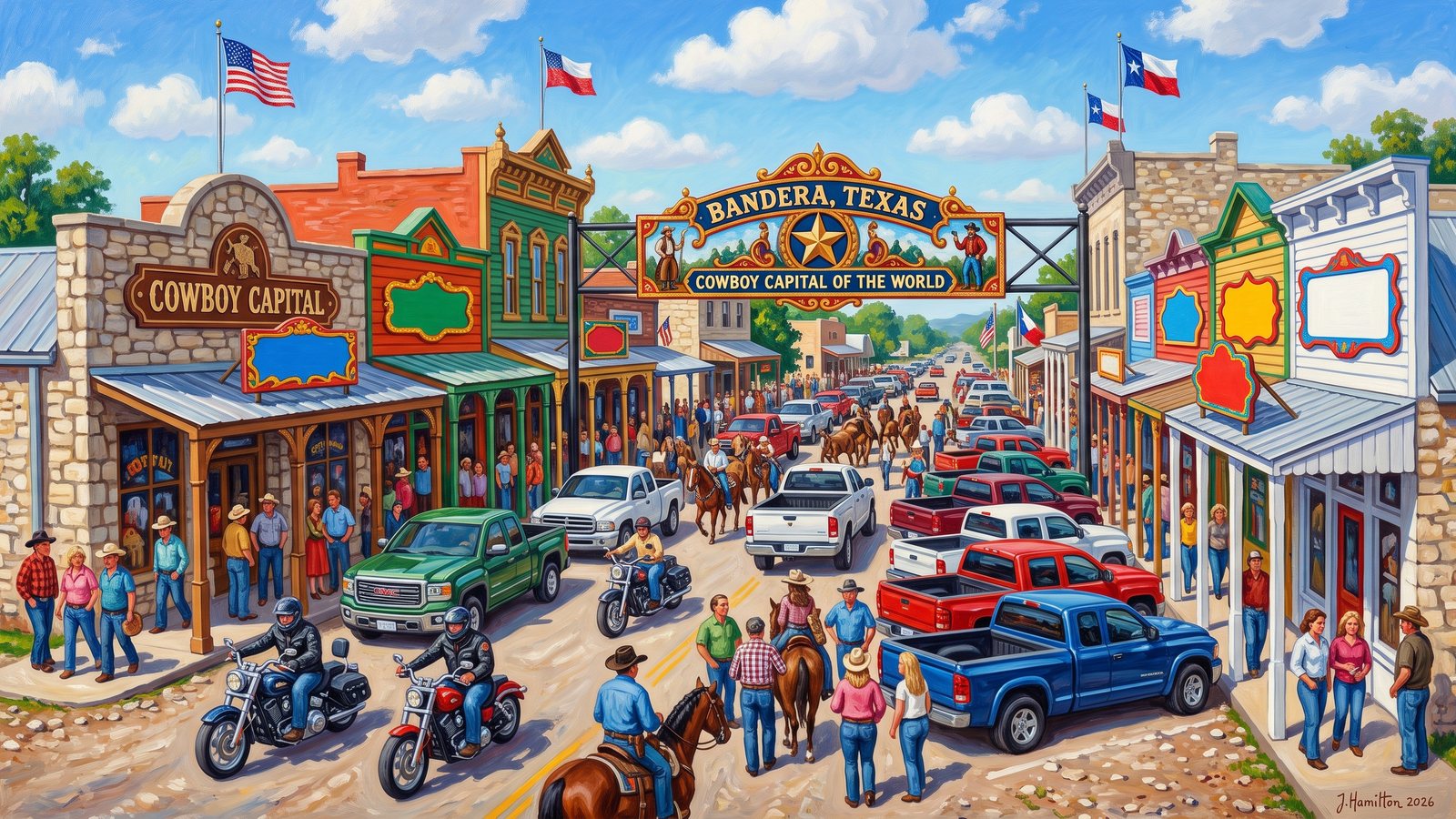 Painted city portrait of Bandera, TX — Main Street Cowboy Capital, informed by Boris Kustodiev.