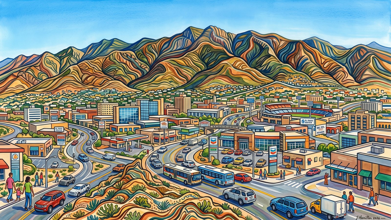 Painted city portrait of El Paso, TX — the Franklin Mountains, informed by Walter Anderson.