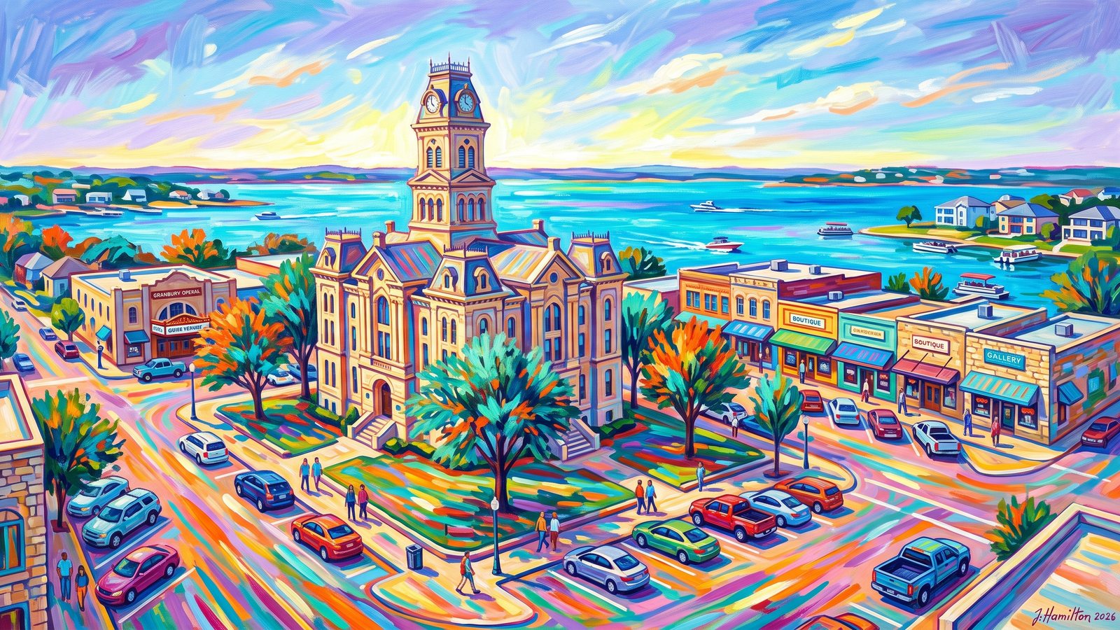 Painted city portrait of Granbury, TX — Courthouse Square and Lake Granbury, informed by Jan Sluijters.