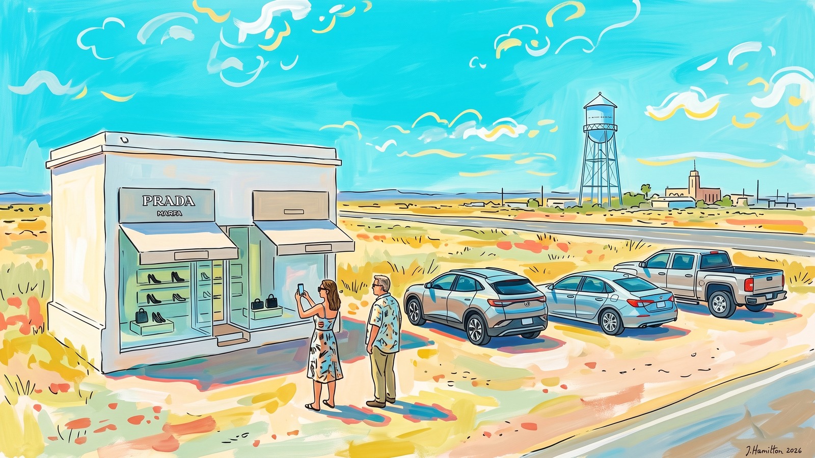 Painted city portrait of Marfa, TX — Marfa water tower / Prada Marfa installation, informed by Raoul Dufy.