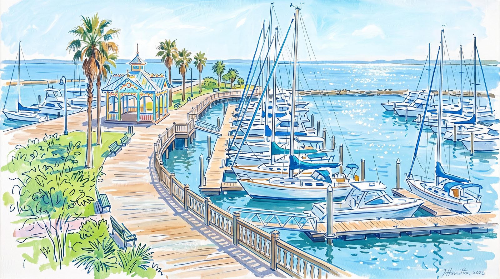 Painted city portrait of Port Arthur, TX — Pleasure Island, informed by Raoul Dufy.