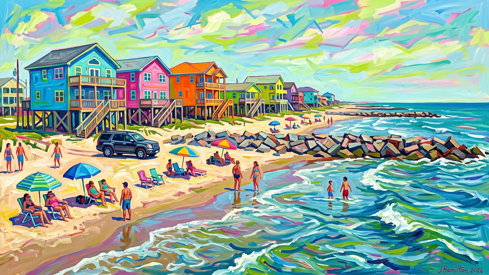 Painted city portrait of Surfside Beach, TX — the stilt houses & jetty, informed by Ernst Ludwig Kirchner.