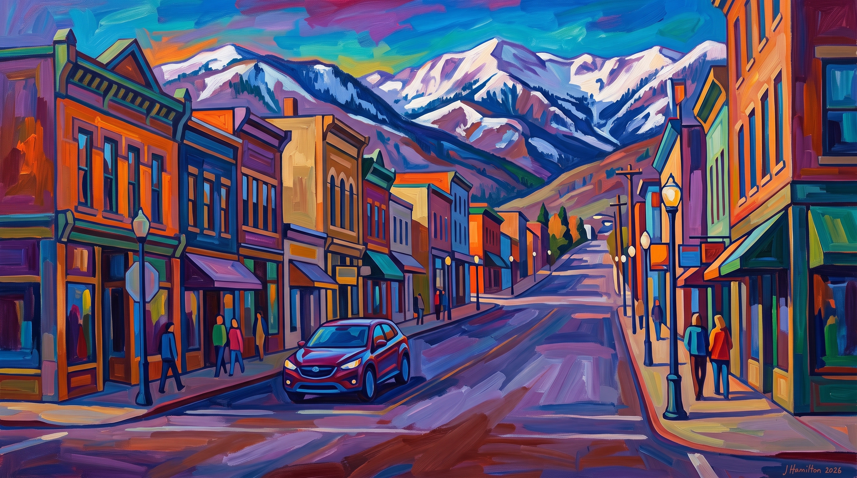 Painted city portrait of Park City, UT — Main Street ski-town strip, informed by Alexej von Jawlensky.
