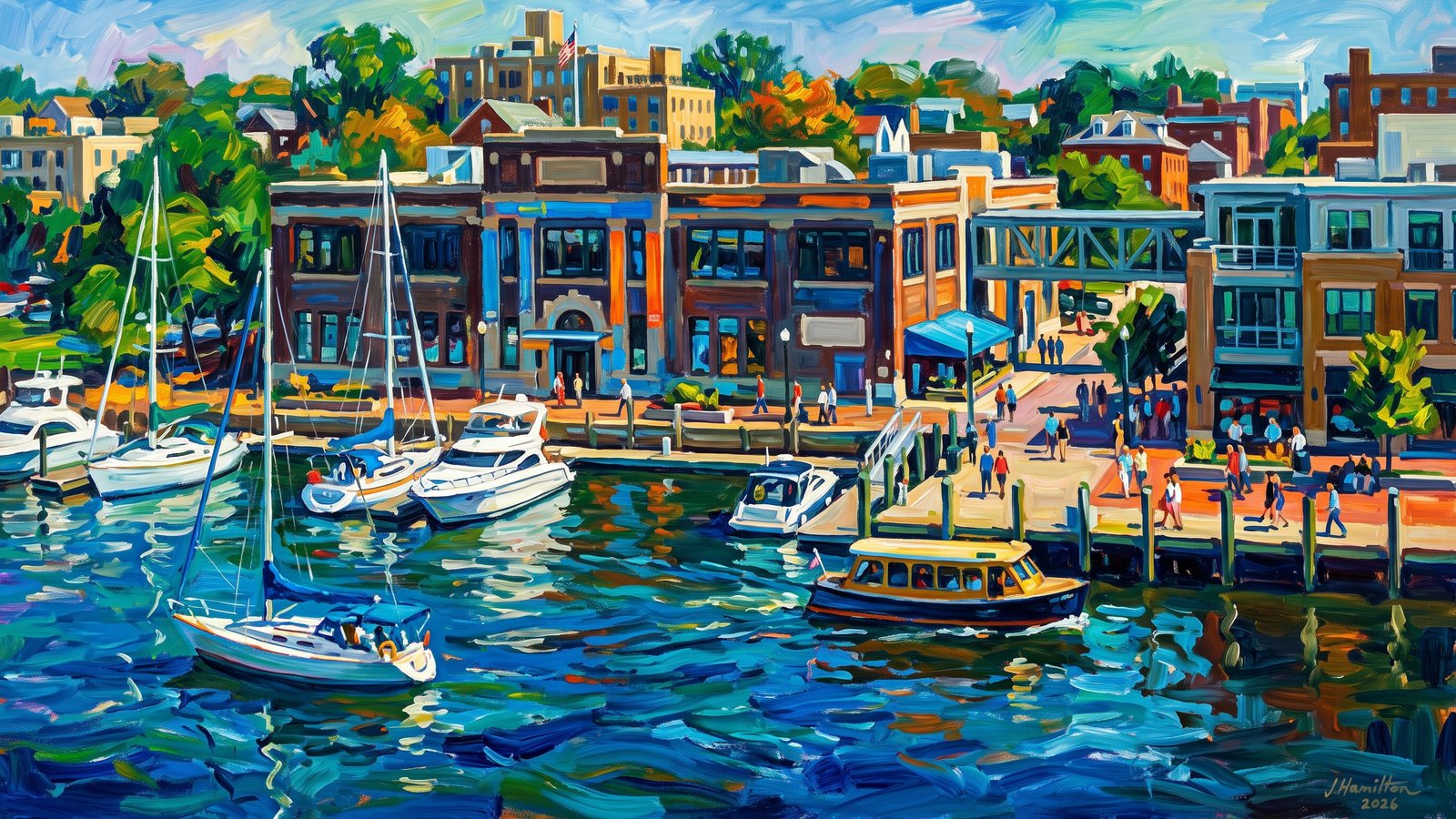 Painted city portrait of Alexandria, VA — Old Town Waterfront and Torpedo Factory from Offshore, informed by Oskar Kokoschka.