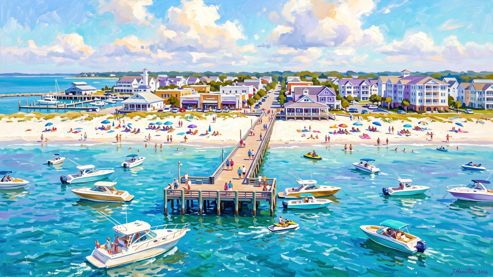 Painted city portrait of Cape Charles, VA — Cape Charles Bay Beach and Pier from Offshore, informed by Joaquín Sorolla.