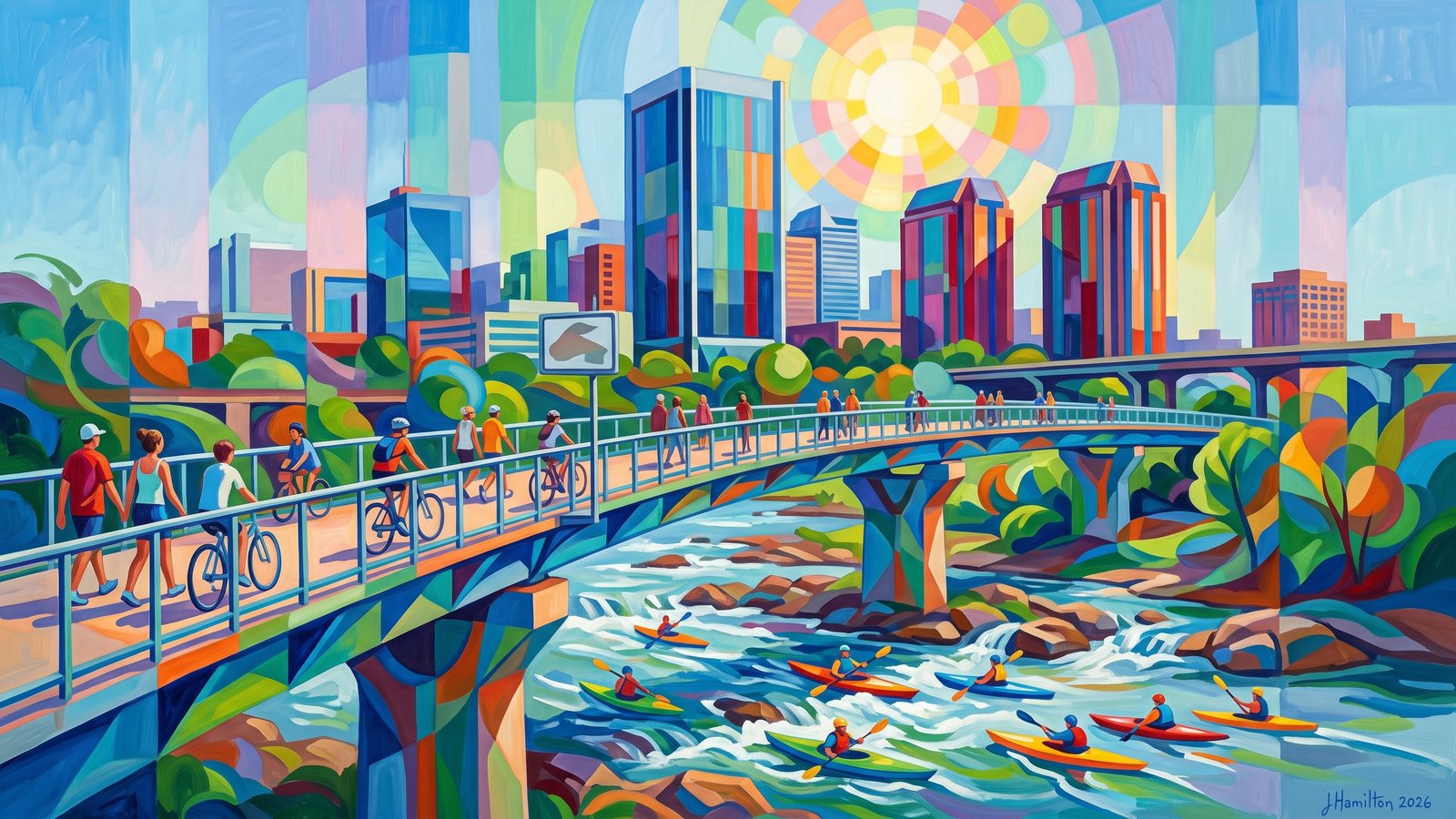 Painted city portrait of Richmond, VA — Belle Isle Footbridge over the James River, informed by František Kupka.