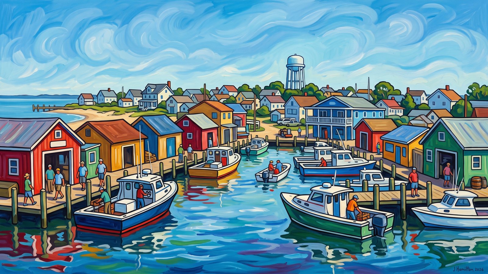 Painted city portrait of Tangier Island, VA — Tangier Island Harbor and Crab Shanties from Offshore, informed by John Duncan Fergusson.