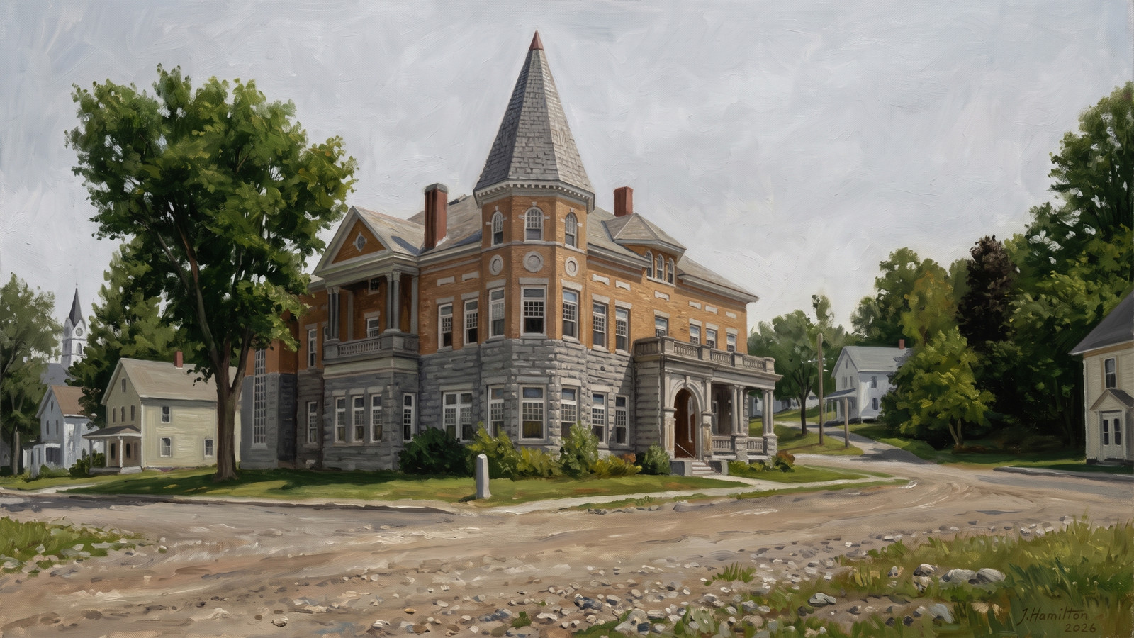 Painted city portrait of Derby Line, VT — Haskell Free Library & Opera House, informed by Thomas Waterman Wood.
