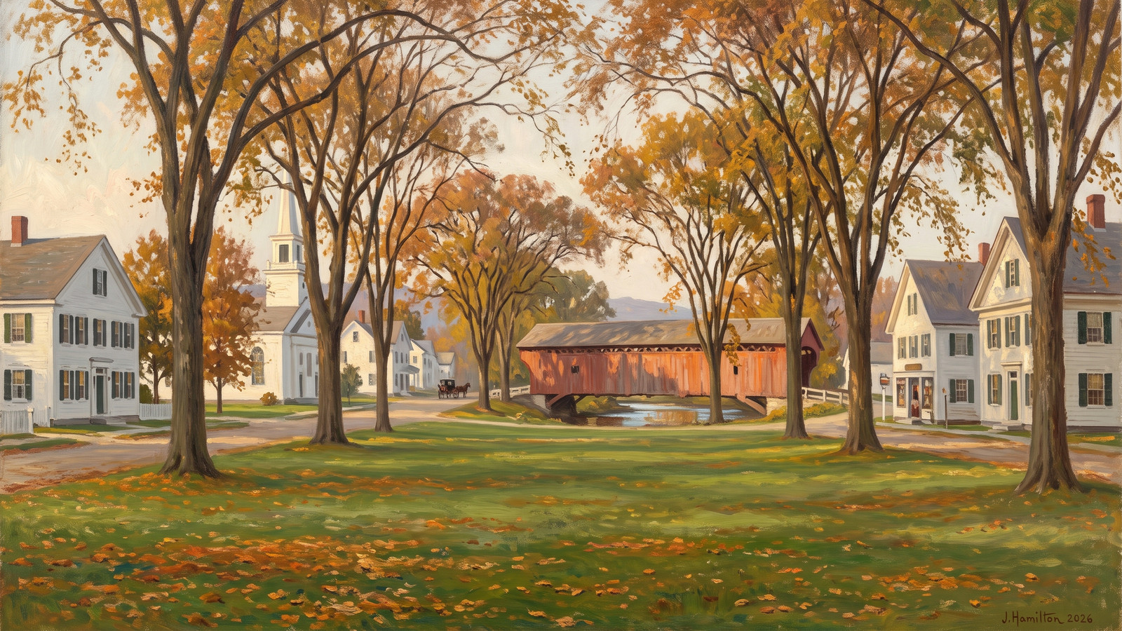 Painted city portrait of Woodstock, VT — informed by Willard Metcalf.