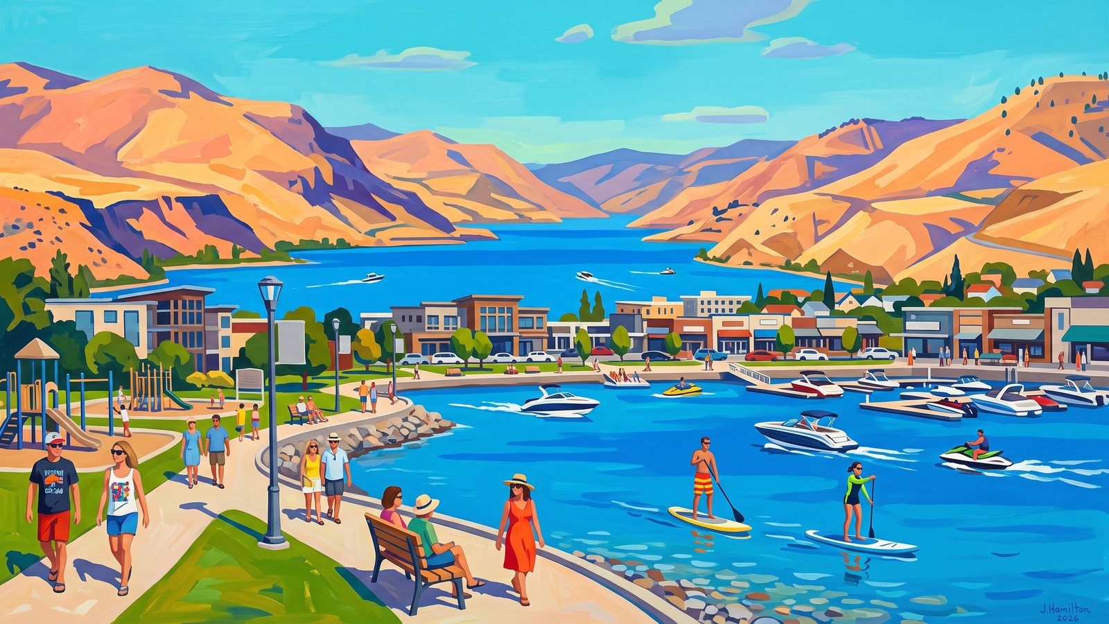 Painted city portrait of Chelan, WA — Lake Chelan between the arid hills, informed by Martiros Saryan.