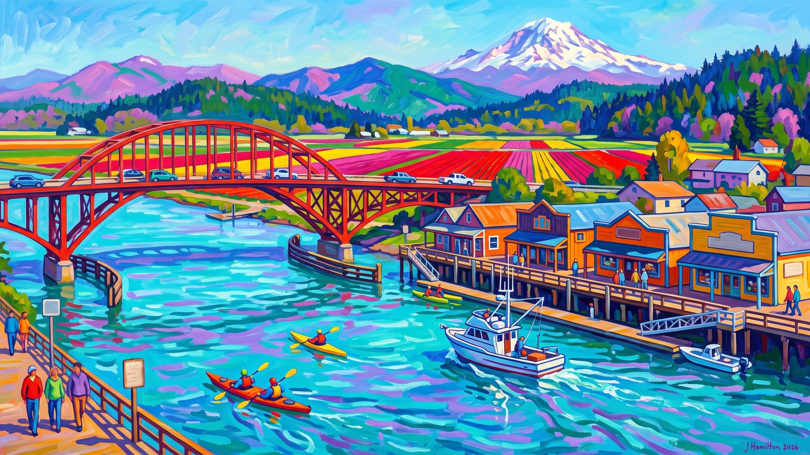 Painted city portrait of La Conner, WA — the red Rainbow Bridge over the Swinomish Channel & the waterfront village, informed by Konrad Mägi.