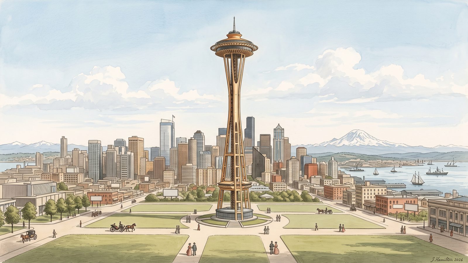 Painted city portrait of Seattle