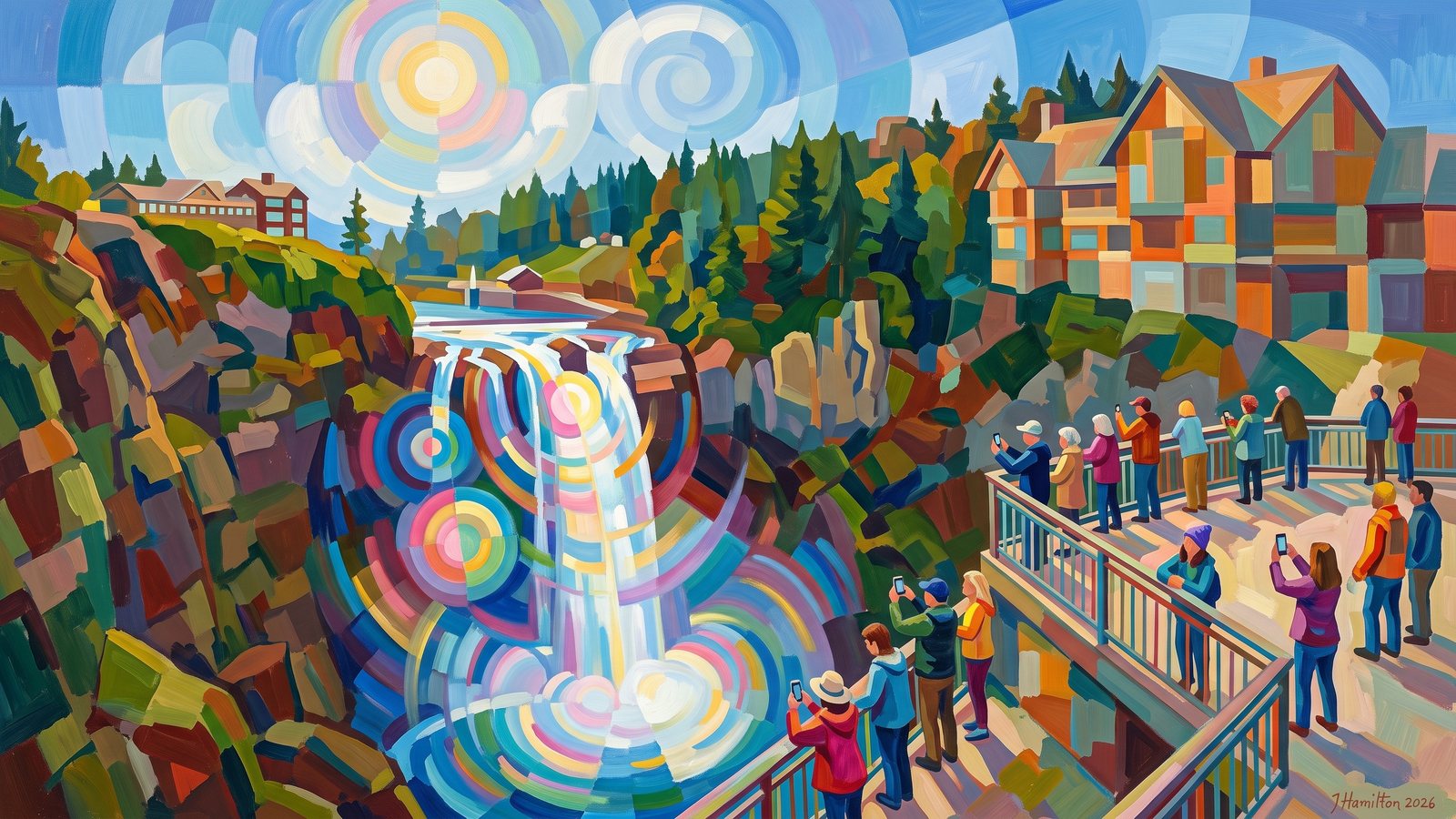 Painted city portrait of Snoqualmie, WA — Snoqualmie Falls & the lodge overlook, informed by Robert Delaunay.