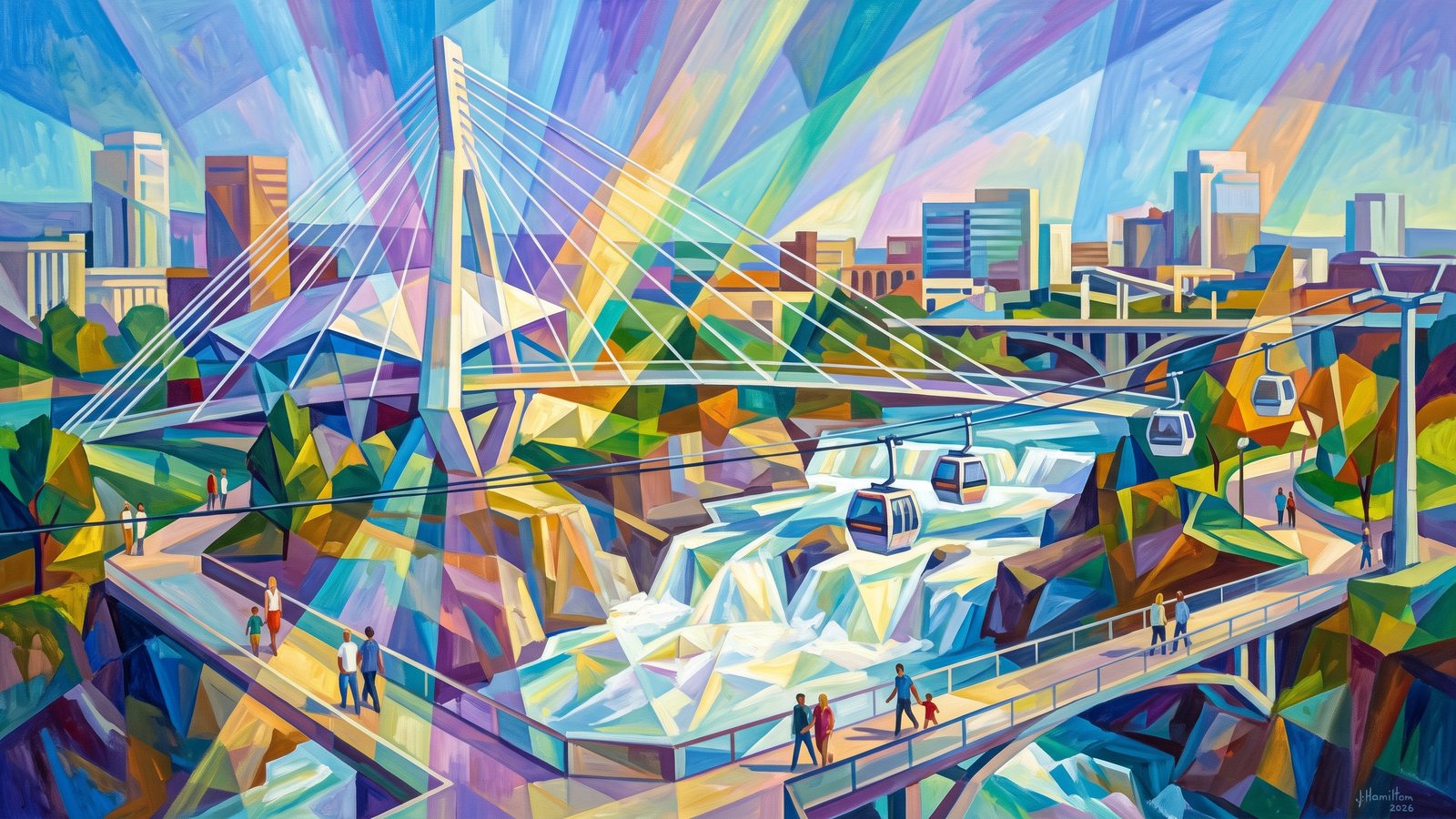 Painted city portrait of Spokane, WA — the Riverfront Park Pavilion & Spokane Falls, informed by Lyonel Feininger.