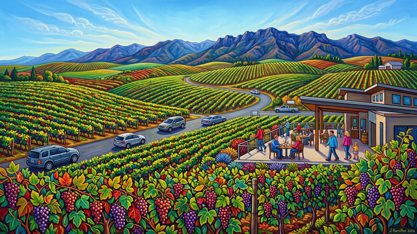 Painted city portrait of Walla Walla, WA — the wine-country vineyards under the Blue Mountains, informed by Séraphine Louis.
