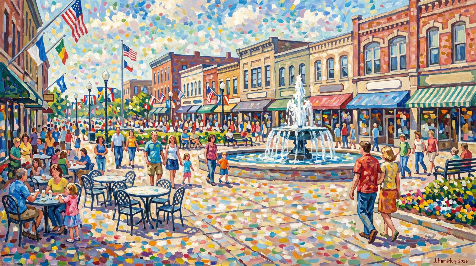 Painted city portrait of Appleton, WI — Houdini Plaza, informed by Maurice Prendergast.