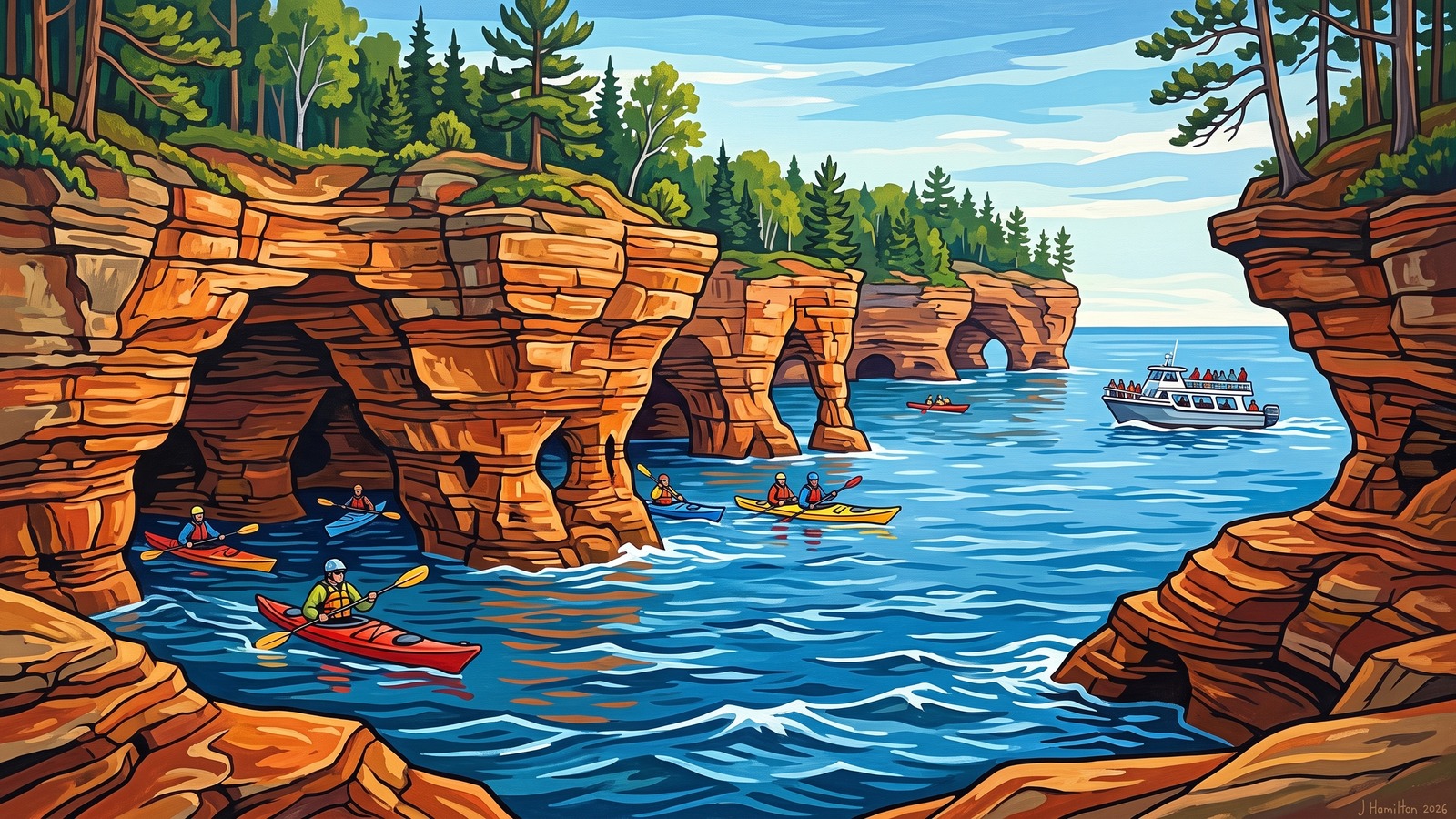 Painted city portrait of Bayfield, WI — Apostle Islands sea caves, informed by Emil Orlik.