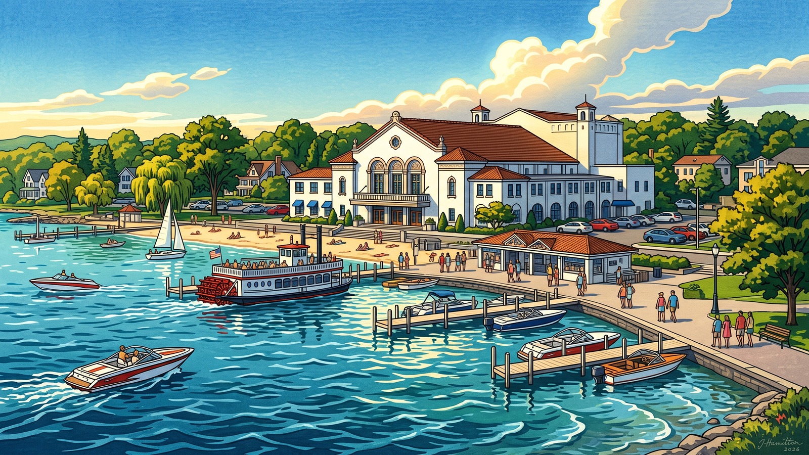 Painted city portrait of Lake Geneva