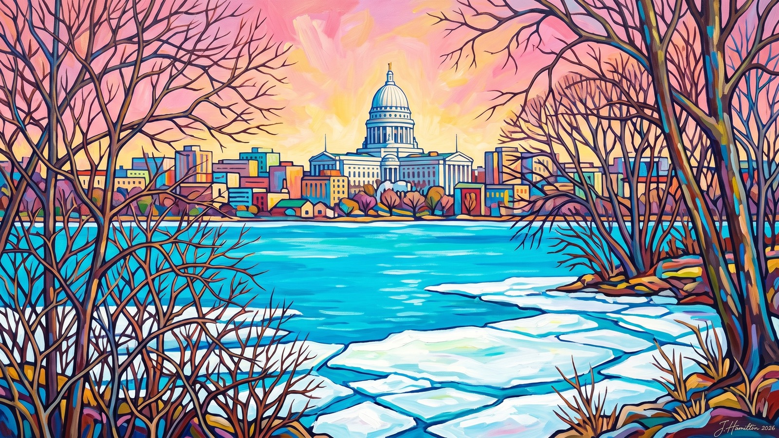 Painted city portrait of Madison, WI — the Wisconsin State Capitol, informed by Vilhelms Purvītis.
