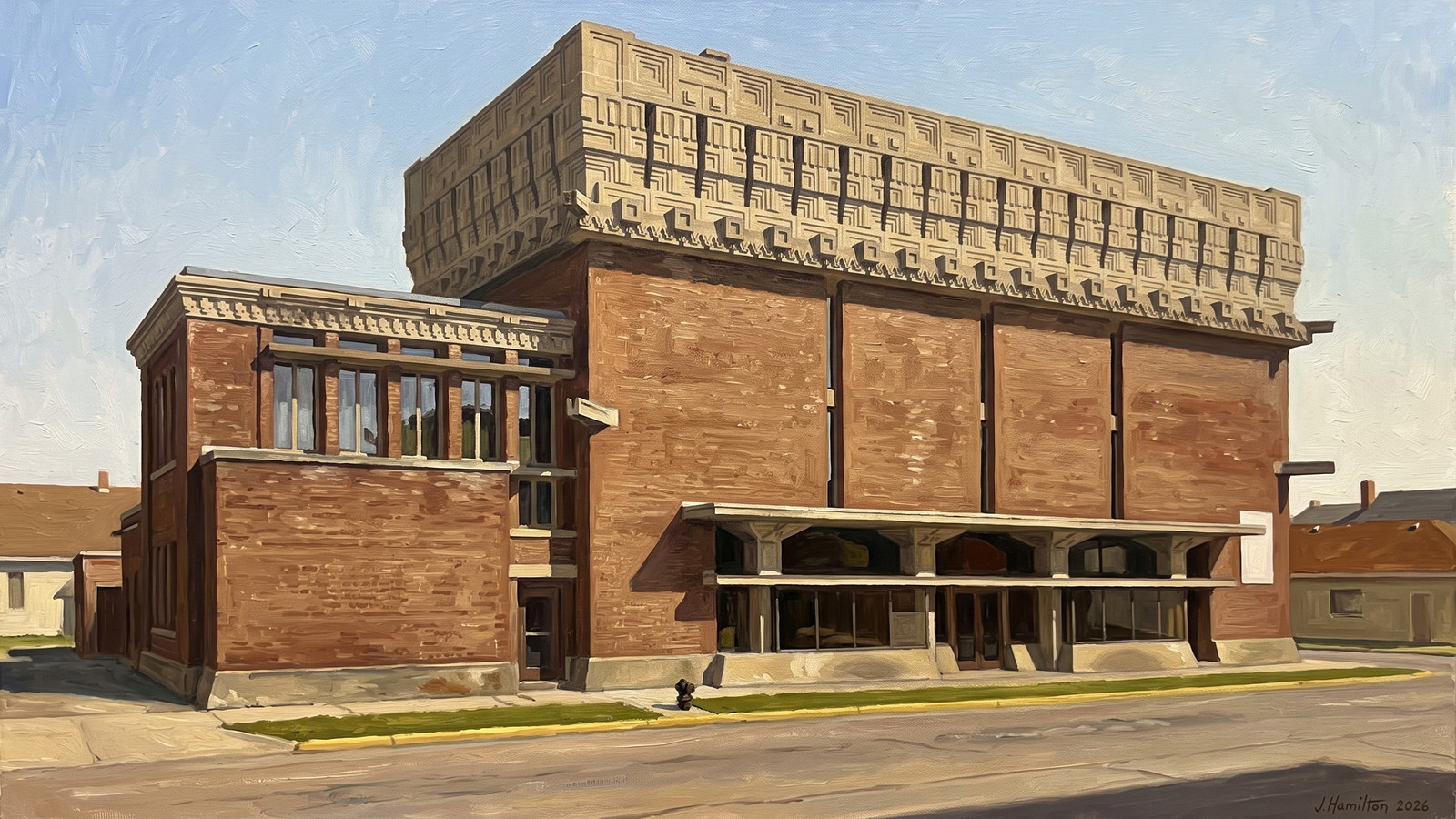 Painted city portrait of Richland Center, WI — A.D. German Warehouse (Frank Lloyd Wright), informed by Gustave Moeller.