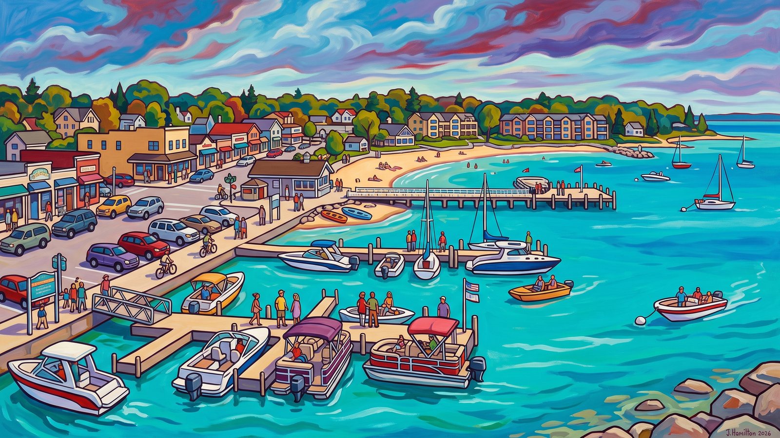 Painted city portrait of Sister Bay, WI — Sister Bay Waterfront from Offshore, informed by Akseli Gallen-Kallela.