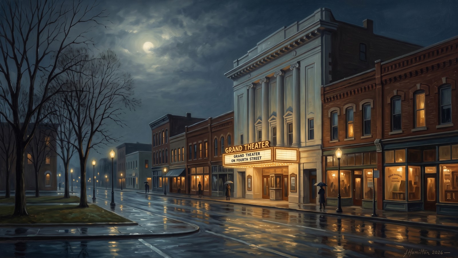 Painted city portrait of Wausau, WI — Grand Theater, informed by John Atkinson Grimshaw.