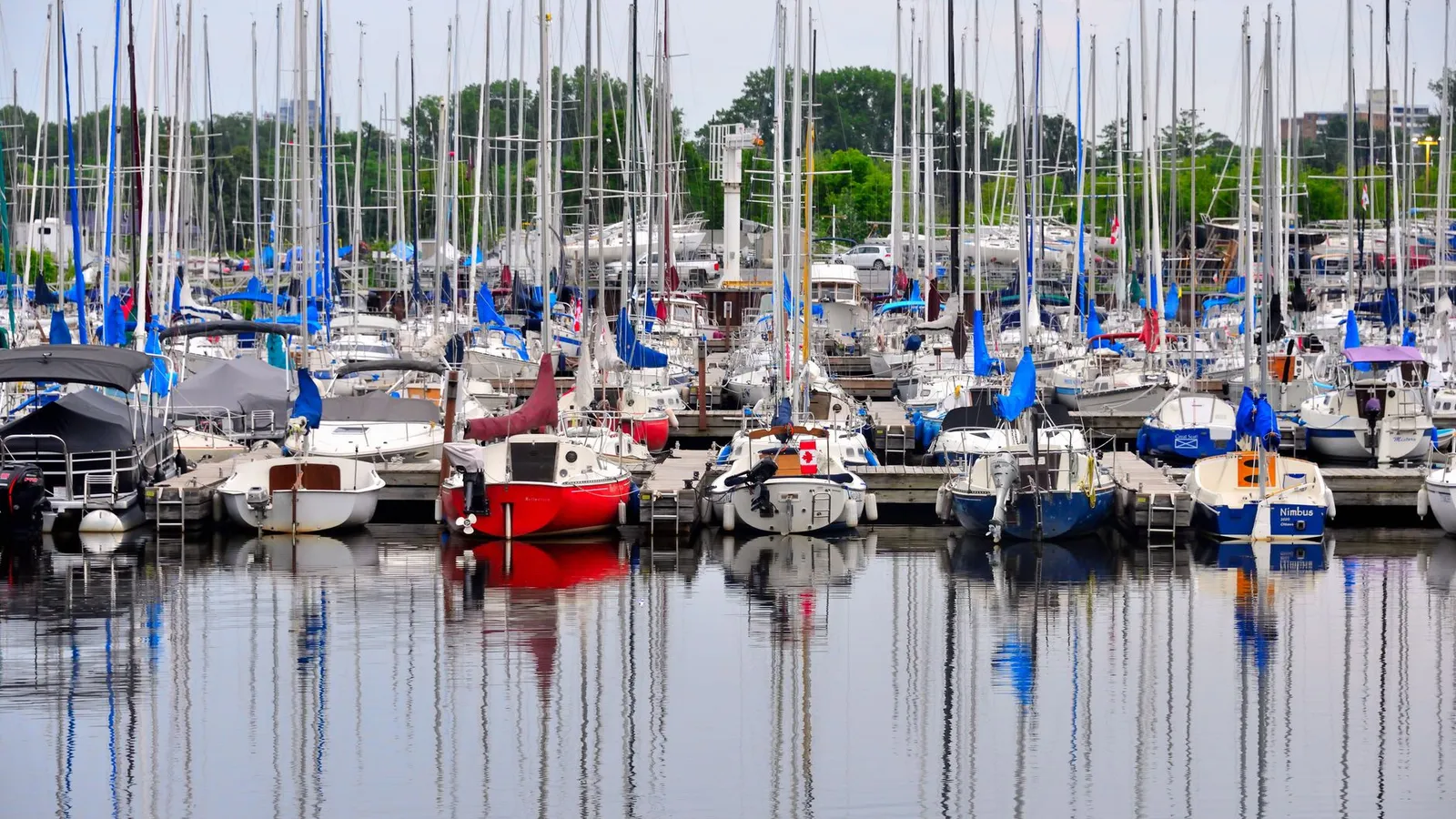 A vibrant marina filled with colorful sailboats and yachts reflected on calm water, perfect for summer travel imagery.