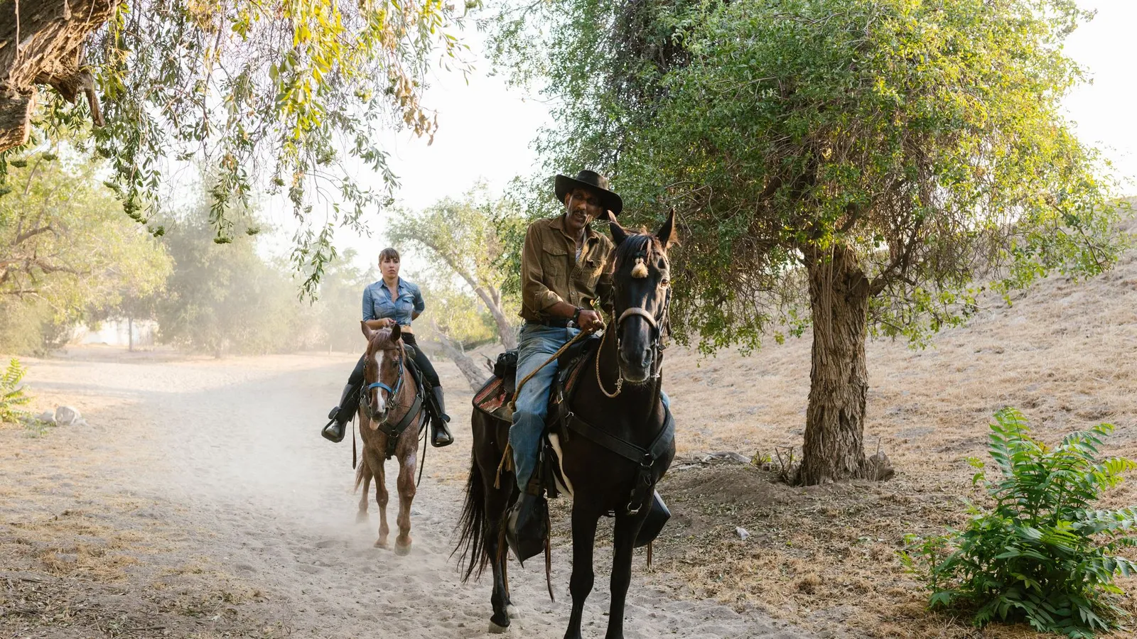 Two people riding horses on a rural dirt path surrounded by trees in a peaceful countryside setting.