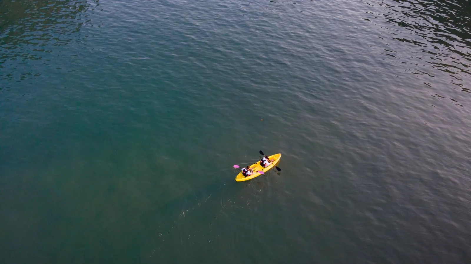 Aerial view of two kayakers paddling on calm, open water, enjoying a peaceful outdoor adventure.