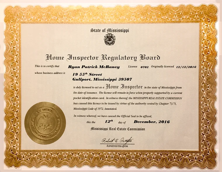 State inspector's license — Ryan Patrick McRaney