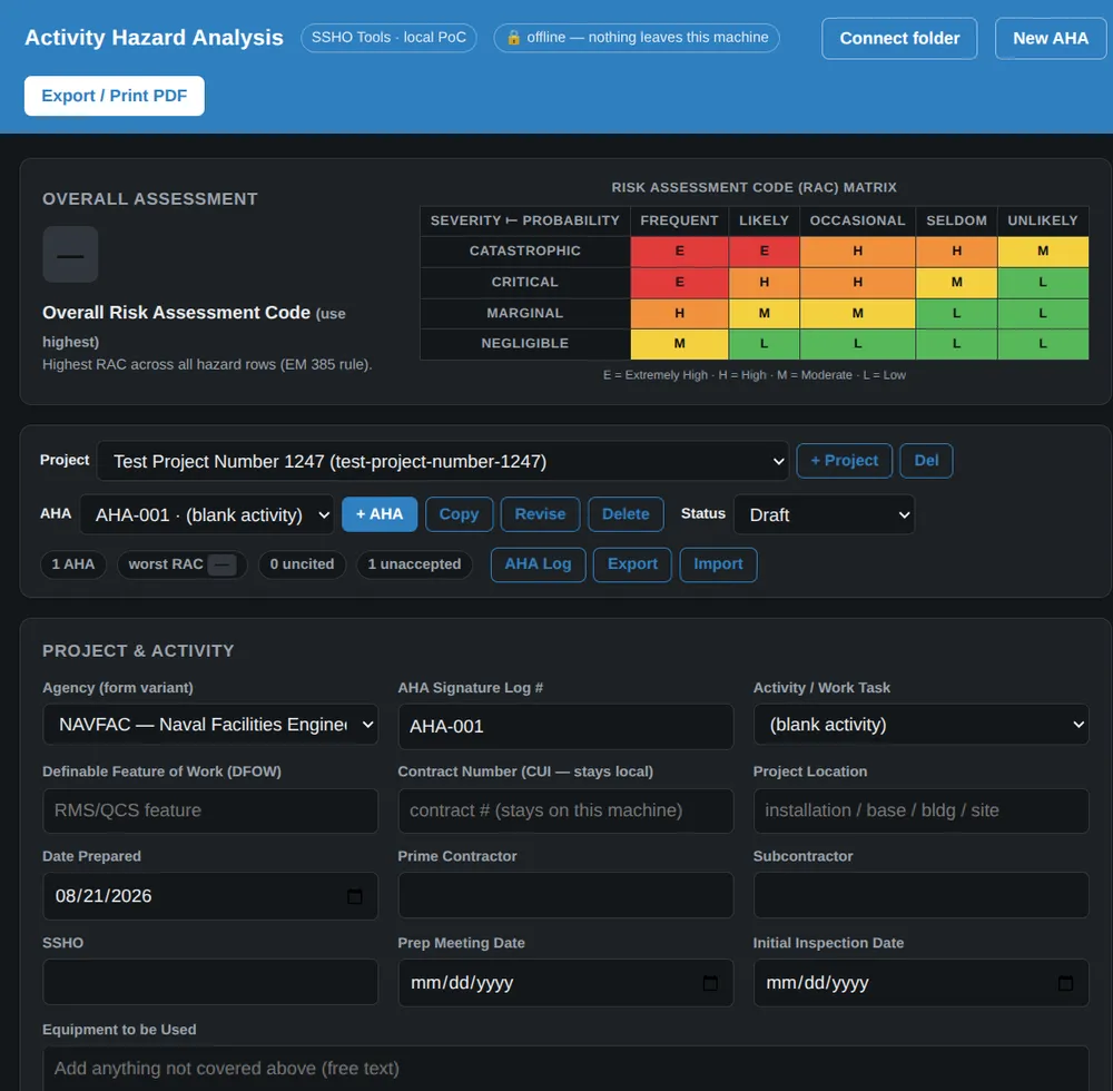 AHA Builder — Activity Hazard Analysis authoring tool: RAC matrix, project and activity fields, offline badge